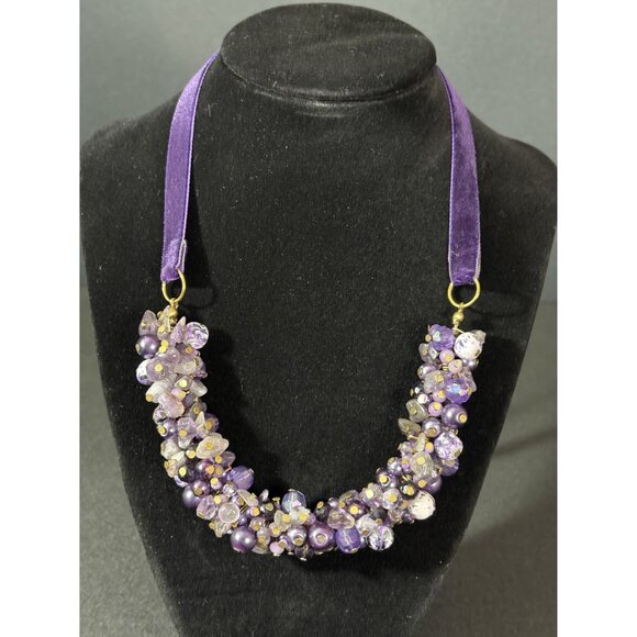 Purple Amethyst Stone & Beaded Cluster Necklace Velvet Ribbon Tie Handcrafted Go - Picture 2 of 8